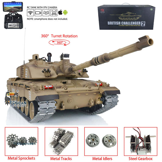 Henglong 1/16 TK7.0 Promotion British Challenger II 3908 RTR RC Tank 360 Degrees Turret BB IR Smoke Sound Light Metal Sprockets Idlers Wheels