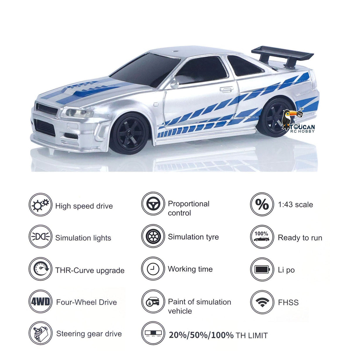 1/43 RC-Rennwagen R34 Funkgesteuertes Hochgeschwindigkeits-Driftfahrzeug 4WD RTR Mini-Autospielzeug 2,4G Funkbatterie Geschenke für Kinder