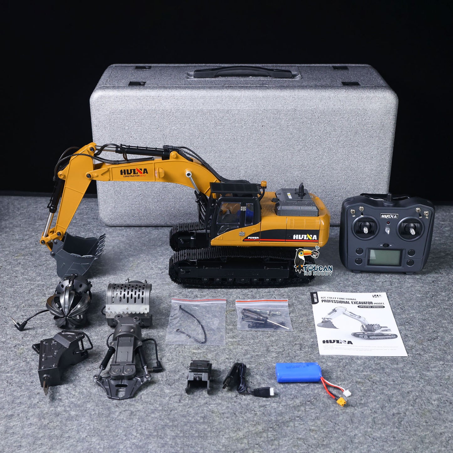 HUINA Upgrade 580 1/14 Metal Excavator Model Engineering Vehicle Electric Ball Grabber 360 Rotating Shear Claw Sound Lights