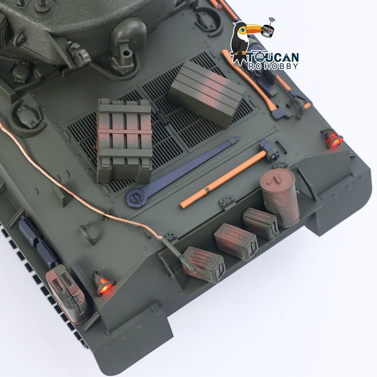 TOUCAN RC HOBBY Fast Free Shipping 1/16 Remote Control Tank Sherman M4A3 E8 Fury Barrel IR BB Barrel Elevation Smoke Unit Metal Chassis Road Wheels 360 Rotation