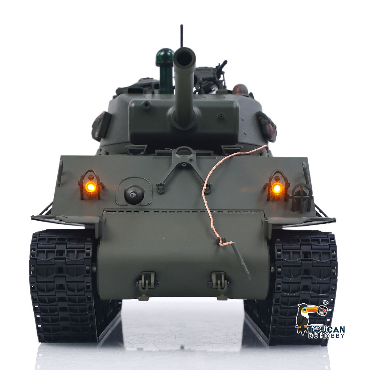 RTR 1/16 RC Tank Sherman M4A3E8 IR BB Barrel Elevation Smoking Metal Chassis Tracks Road Wheels Machine Gun 360 Degree Rotation