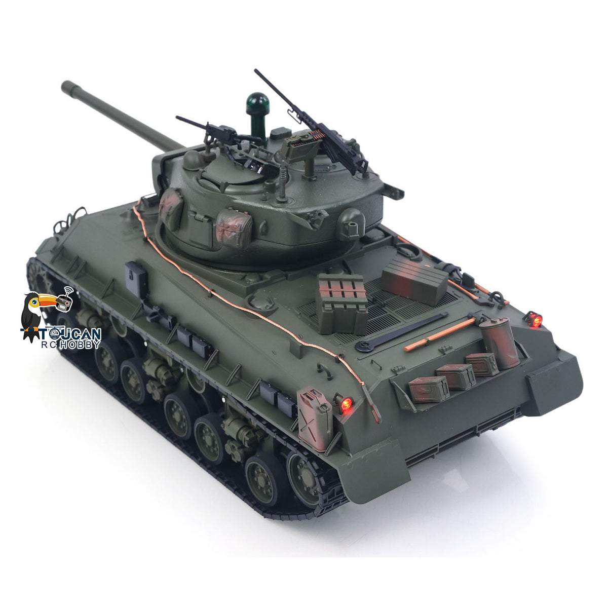 RTR 1/16 RC Tank Sherman M4A3E8 IR BB Barrel Elevation Smoking Metal Chassis Tracks Road Wheels Machine Gun 360 Degree Rotation