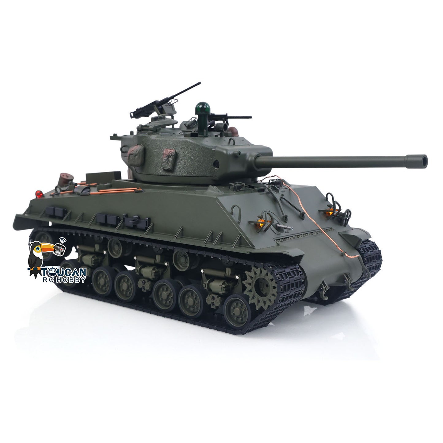 RTR 1/16 RC Tank Sherman M4A3E8 IR BB Barrel Elevation Smoking Metal Chassis Tracks Road Wheels Machine Gun 360 Degree Rotation