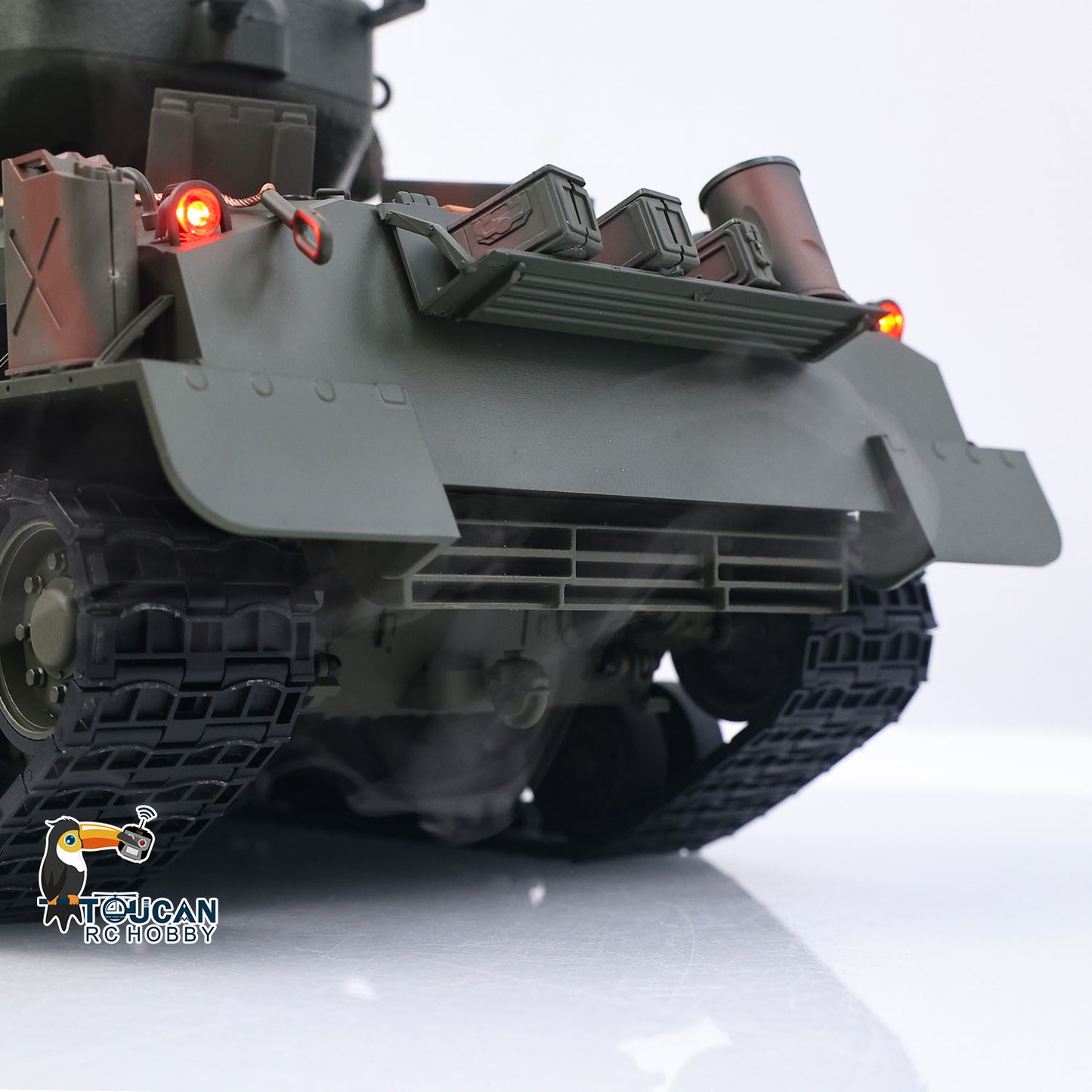RTR 1/16 RC Tank Sherman M4A3E8 IR BB Barrel Elevation Smoking Metal Chassis Tracks Road Wheels Machine Gun 360 Degree Rotation