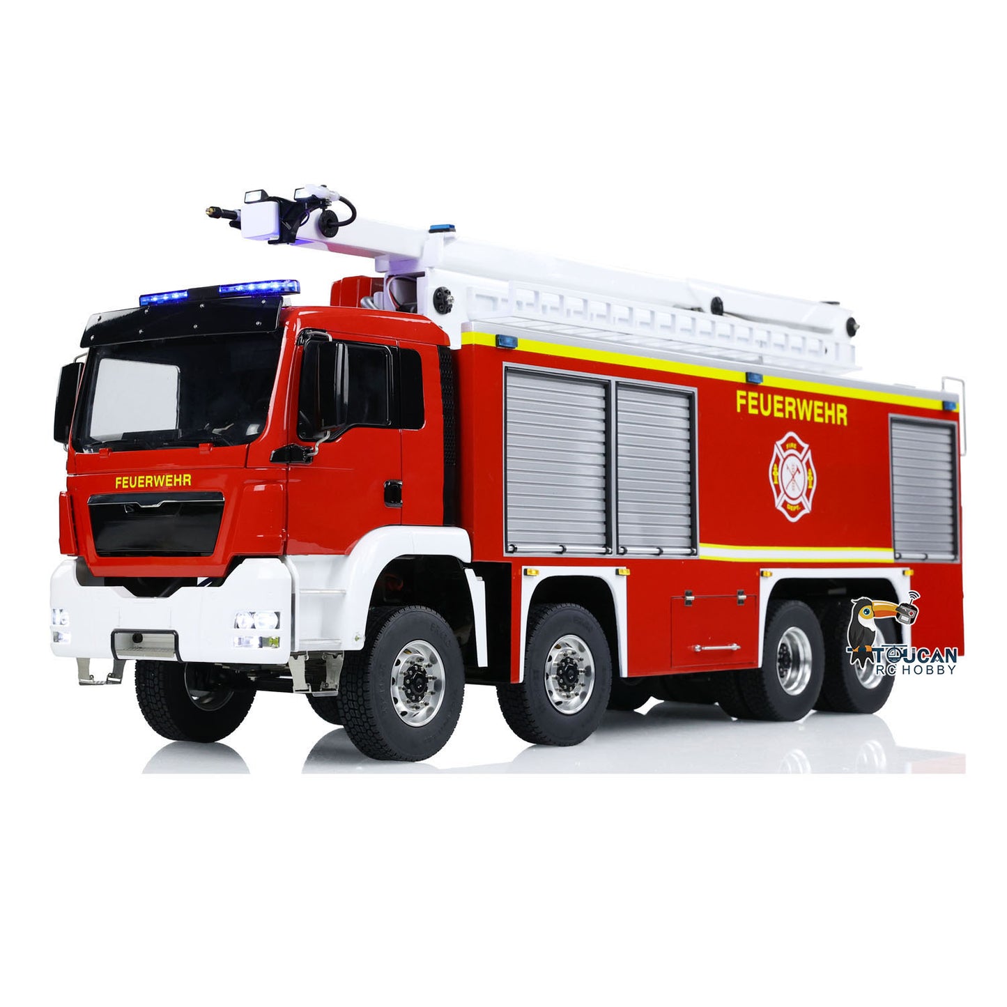 TOUCAN RC HOBBY 1/14 Metal Chassis Snozzle High-reach Extendable Turret 8x4 Remote Control Fire Truck Servo ESC Motor Light Sound System