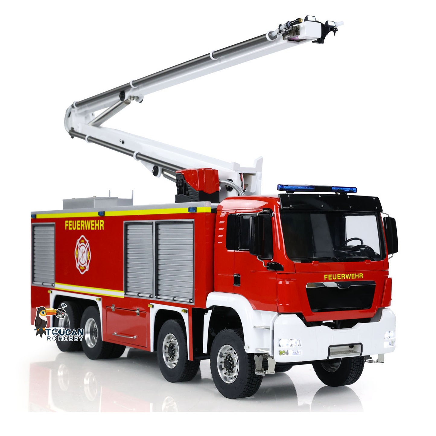 TOUCAN RC HOBBY 1/14 Metal Chassis Snozzle High-reach Extendable Turret 8x4 Remote Control Fire Truck Servo ESC Motor Light Sound System