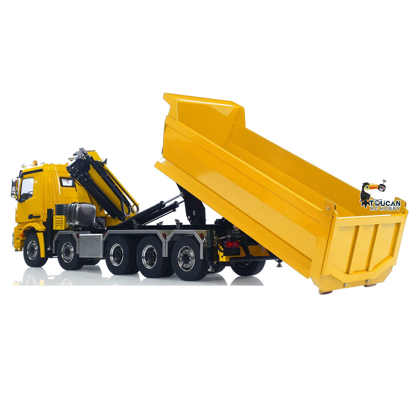 Toucanhobby 10x10 1/14 Metal RC Hydraulic Crane Dumper Truck 3-Speed Transmission Rear Axle Steering 9-Channel Reversing Valve for Indoor Play