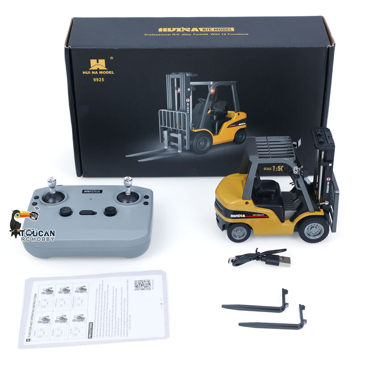 TOUCAN RC HOBBY HUINA 1/50 Electric Remote Control Forklift 9925 Mini Warehouse RC Model Desktop Level Light Sound Effect Battery