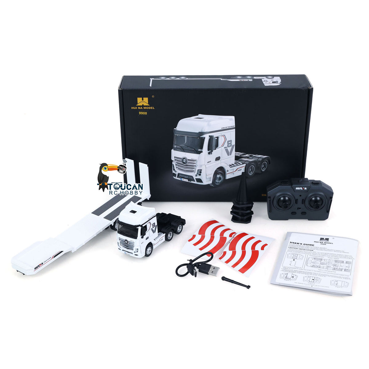 TOUCAN RC HOBBY HUINA 1/64 Remote Control Drift Tractor Truck 9900 W/ 3Axle Plastic Semi Flatbed Trailer RTR Lights Effect Manual Support Legs