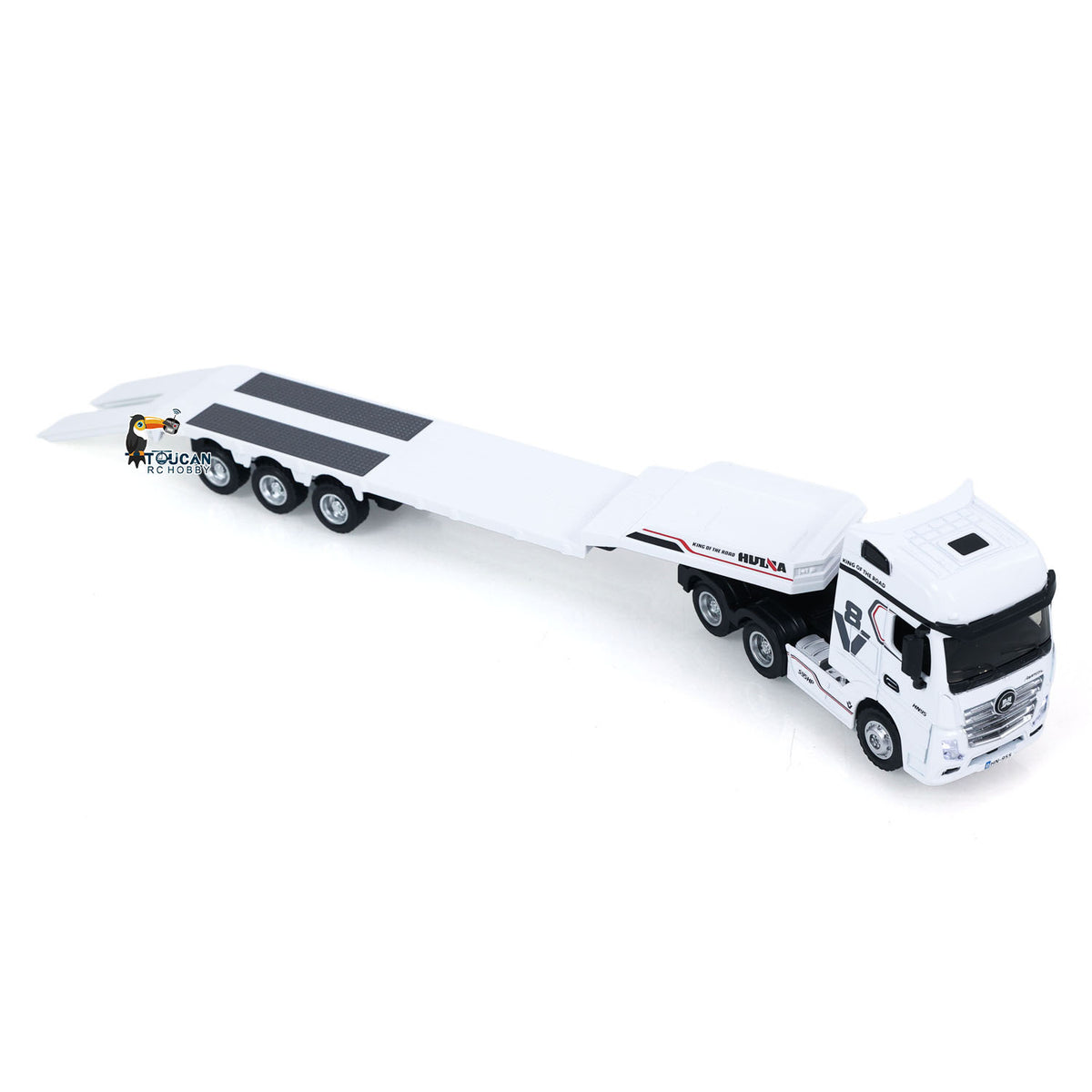 TOUCAN RC HOBBY Fast Free ShippingRTR HUINA 1/64 Remote Control Tractor Truck 9900 W/ 3Axle Plastic Semi Flatbed Trailer Lights Sound Effect Manual Support Legs