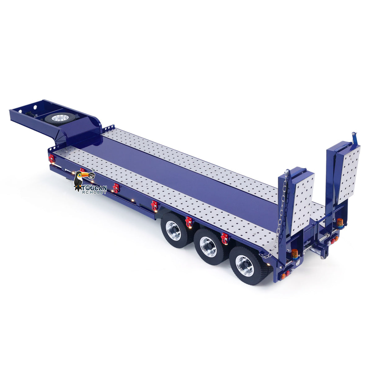 HHG-3Axles 1/14 Scale 100cm Metal Semi-Trailer w/Electric Legs Tailboard Lights Mini Radio Battery
