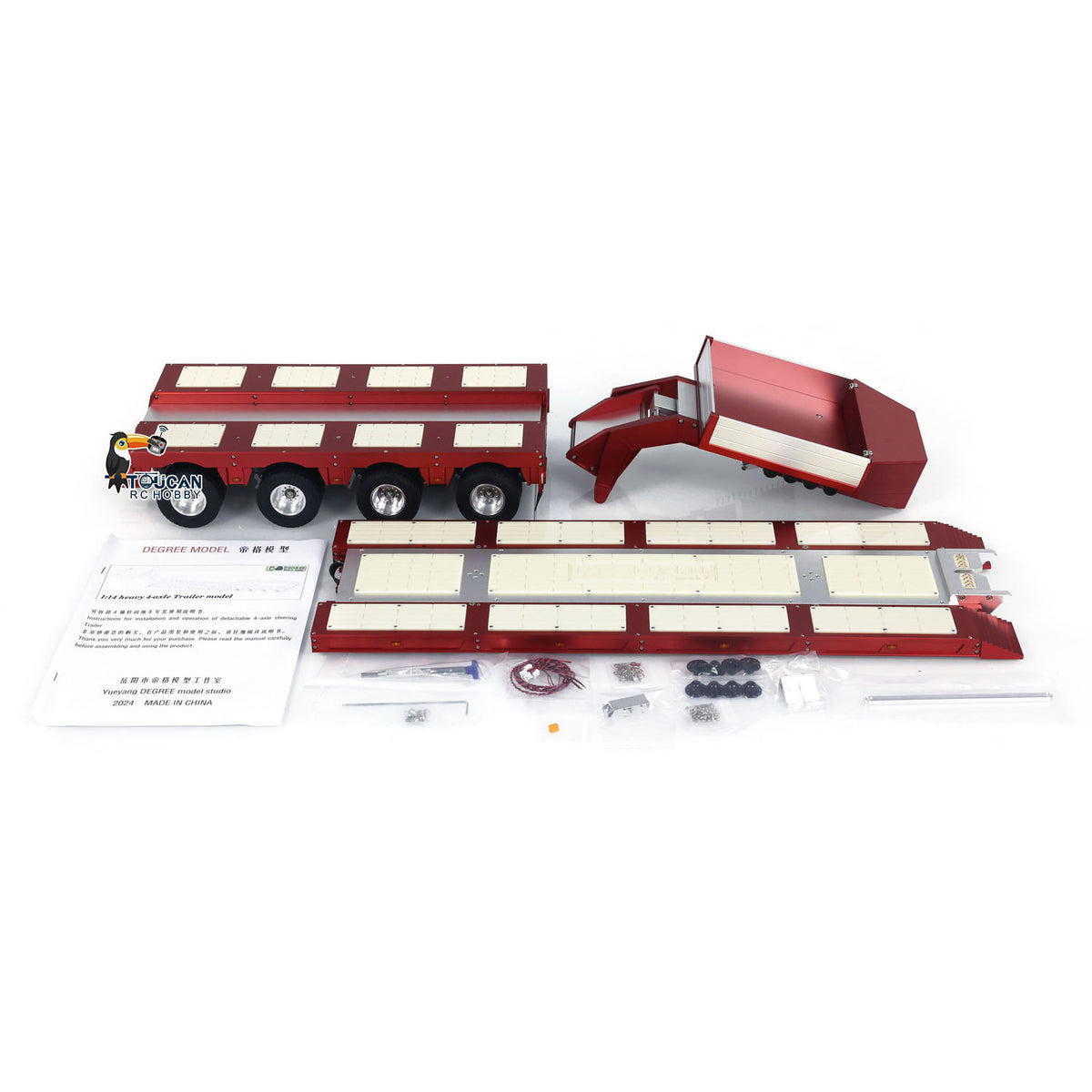 128 cm 1/14 4 Achsen RC Schwerlastanhänger DG-999 CNC Schwanenhalsanhänger für Sattelzugmaschine Zusammengebaut und lackiert MIT Lichtsystem