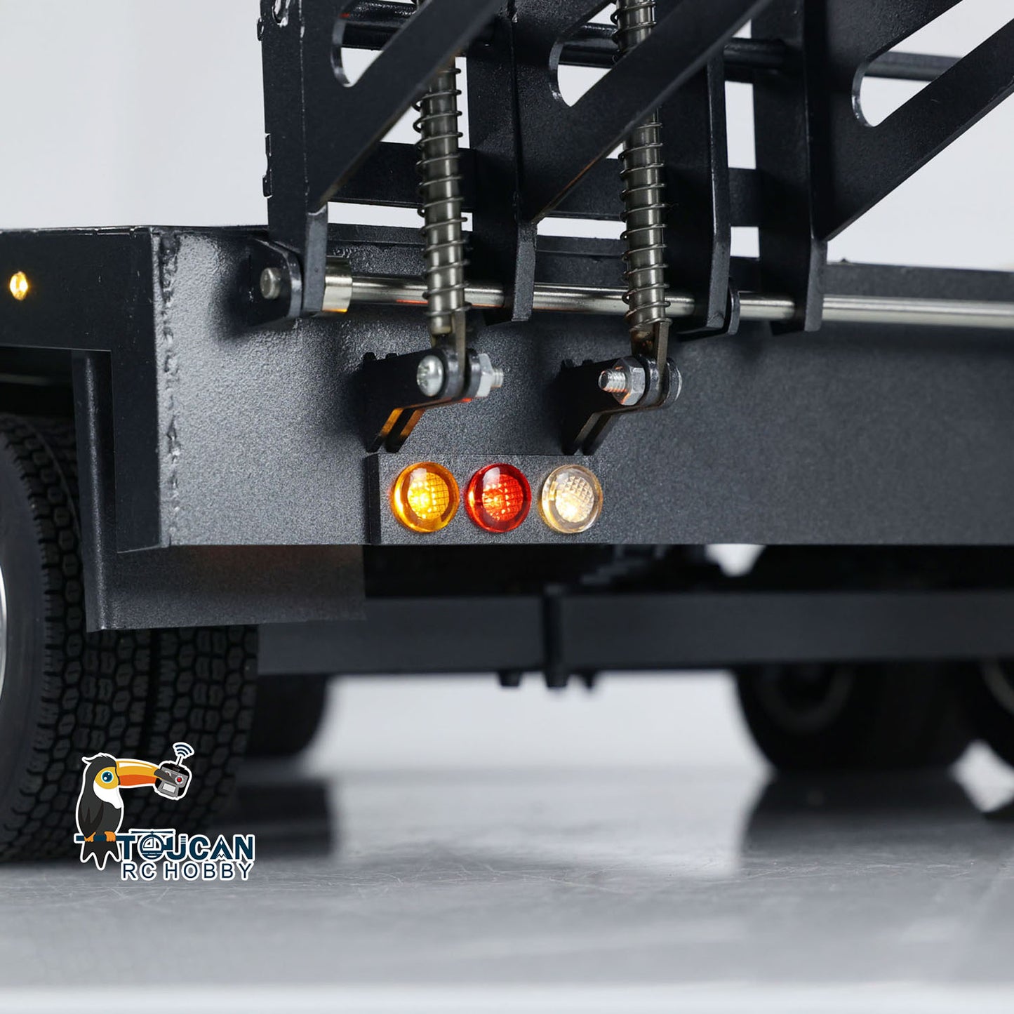 Metall 5 Achsen Vollanhänger für 1/10 1/8 RC Crawler 1/14 1/12 Hydraulisches LKW-Auto mit elektrischem Heckbrett Rücklichter Seitenlichter