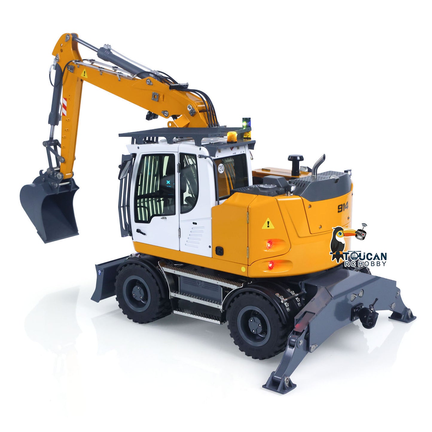 CUT Model LR914 1/14 Metal RC Hydraulic Wheel Excavator RTR 3 Arms 8-Way Valve Digger PL18EV Lite Controller Manual Quick Coupler Light & Sound System Cabin Guard Rail Tail hook for Model Collectors