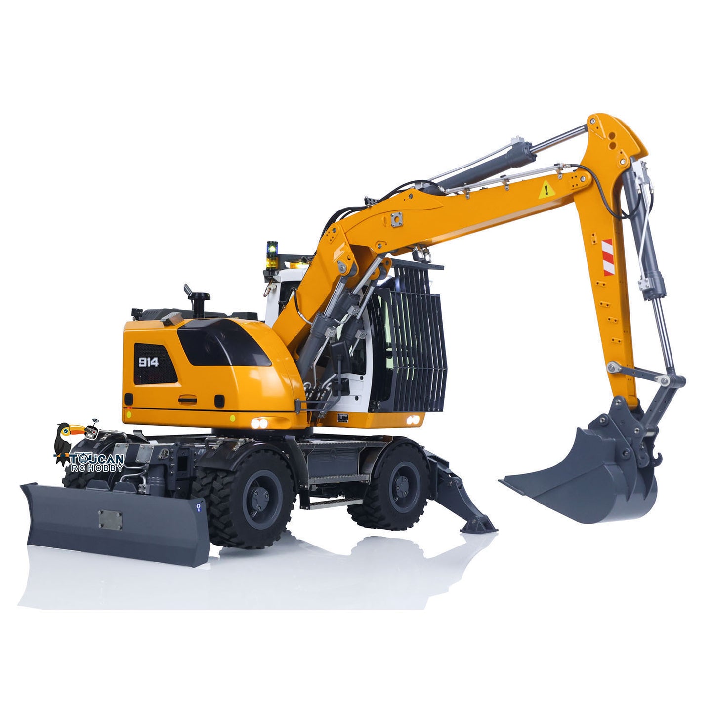 CUT Model LR914 1/14 Metal RC Hydraulic Wheel Excavator RTR 3 Arms 8-Way Valve Digger PL18EV Lite Controller Manual Quick Coupler Light & Sound System Cabin Guard Rail Tail hook for Model Collectors
