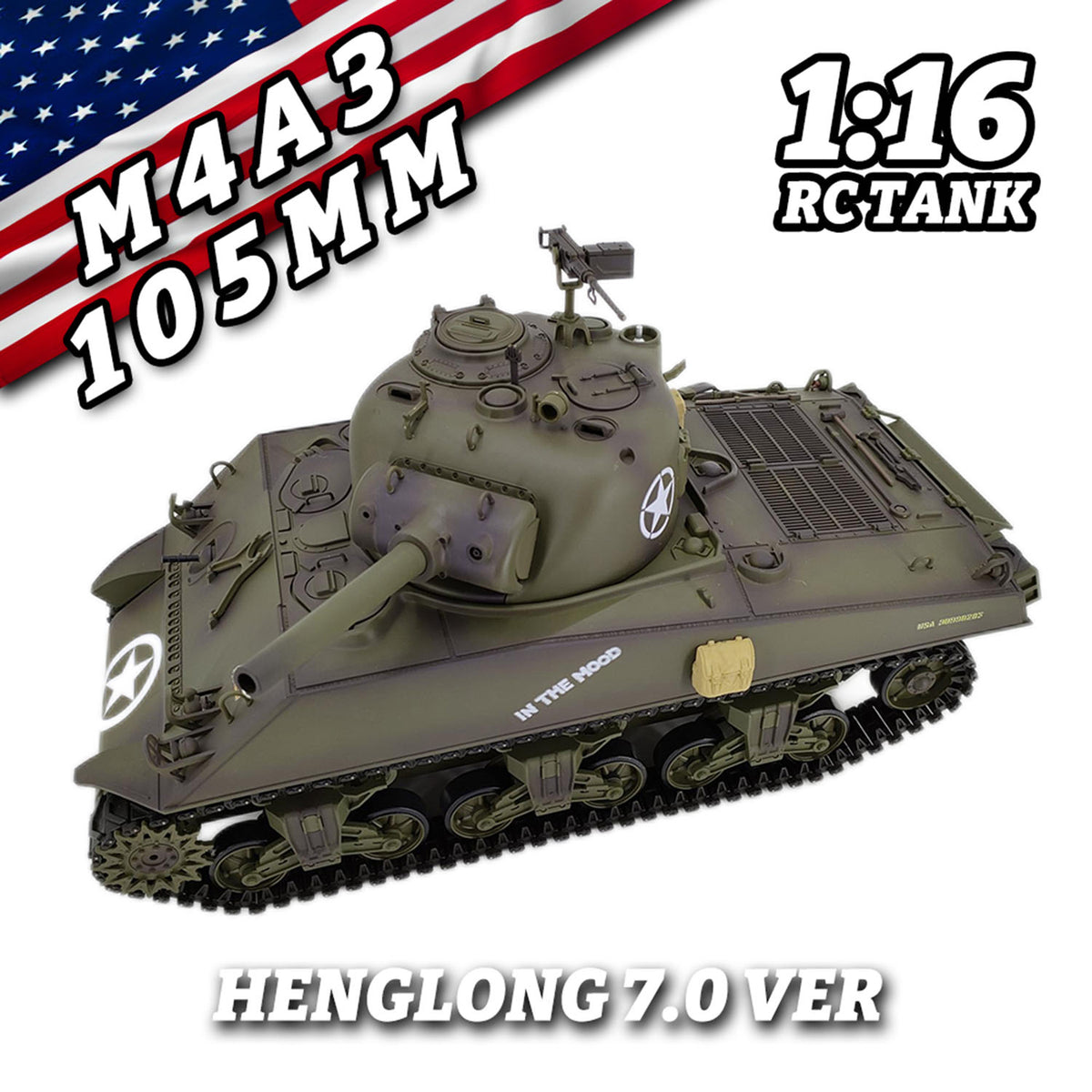 Plastic Henglong 1/16 7.0 RC Tank M4A3 Sherman 3898 320?? Turret Barrel Recoil BB IR Smoking Steel Gearbox Battery 2.4G Radio