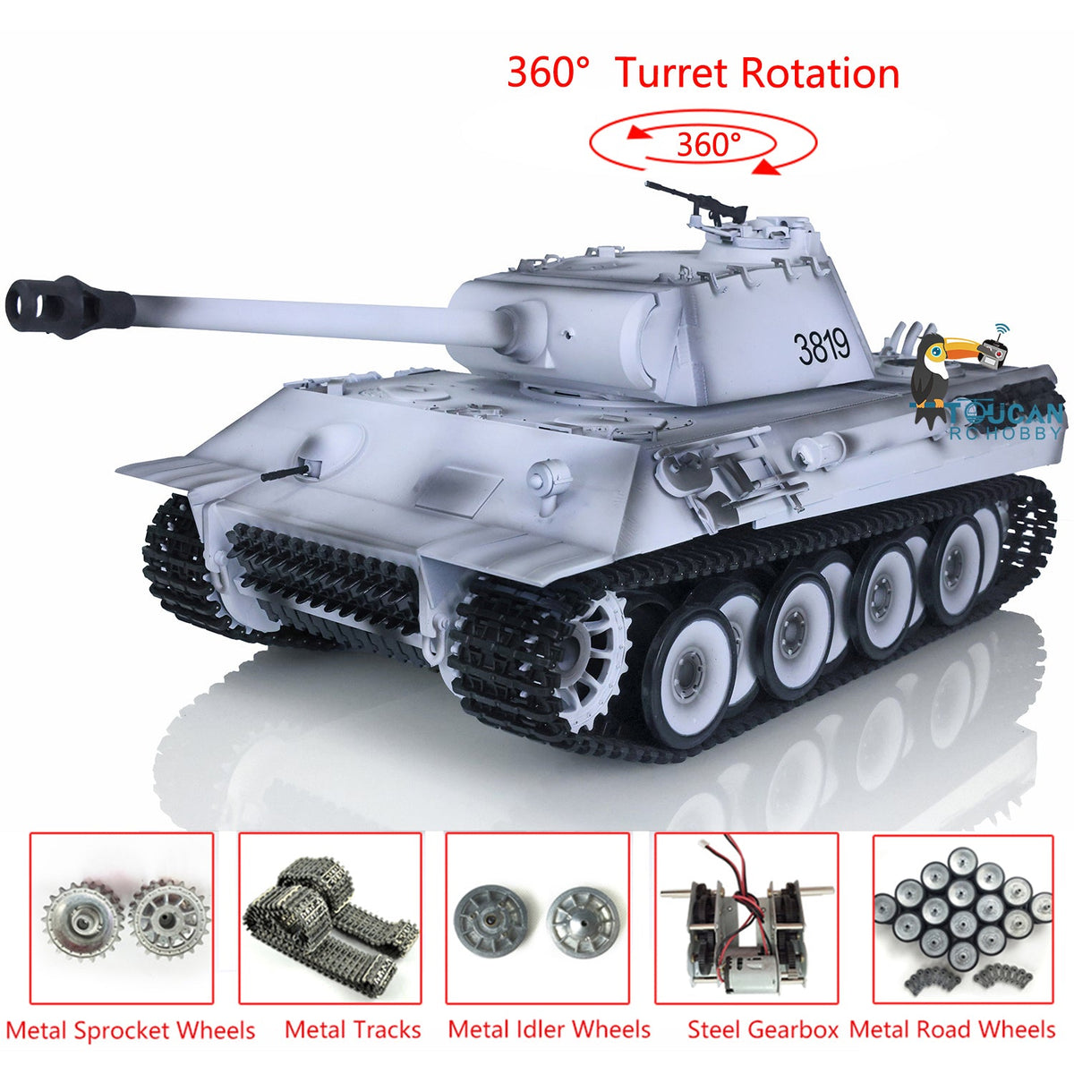 Henglong 1/16 TK7.0 Profession German Panther RTR RC Tank 3819 IR BB 360 Degrees Turret Smoke Metal Tracks Sprockets Idlers Road Wheels Gearbox