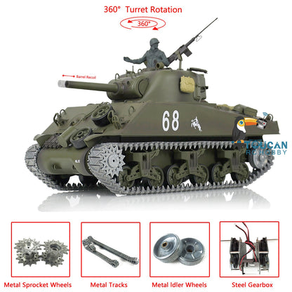 Henglong 1/16 TK7.0 3898 USA M4A3 Sherman RTR RC Tank Barrel Recoil Smoke 360 Degrees Turret BB IR Metal Tracks Gearbox Drive Idler Wheels