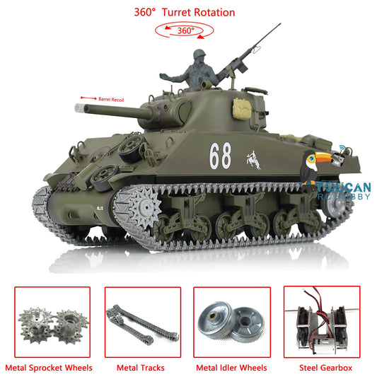 TOUCAN RC HOBBY Henglong 1/16 TK7.0 3898 USA M4A3 Sherman RTR RC Tank Barrel Recoil Smoke 360 Degrees Turret BB IR Metal Tracks Gearbox Drive Idler Wheels
