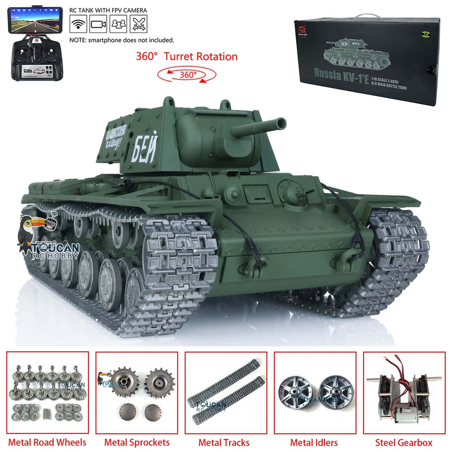 Heng Long TK7.0 1/16 T72 3939 Soviet Union KV-1 3878 RC Tank FPV 360 Degree Turret BB IR Metal Barrel Tracks Drive Idler Road Wheels