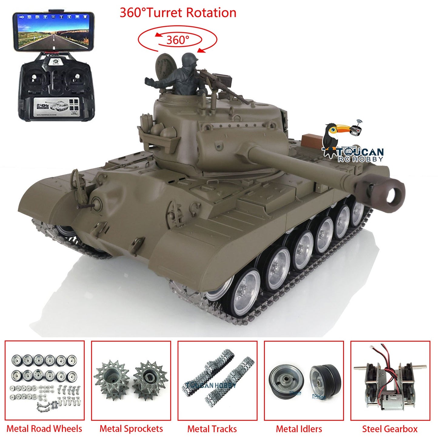 Henglong 1/16 TK7.0 Customized USA M26 Pershing 3838 RTR RC Tank FPV BB IR 360 Degrees Turret Smoke Metal Tracks Drive Road Idlers Wheels Gearbox