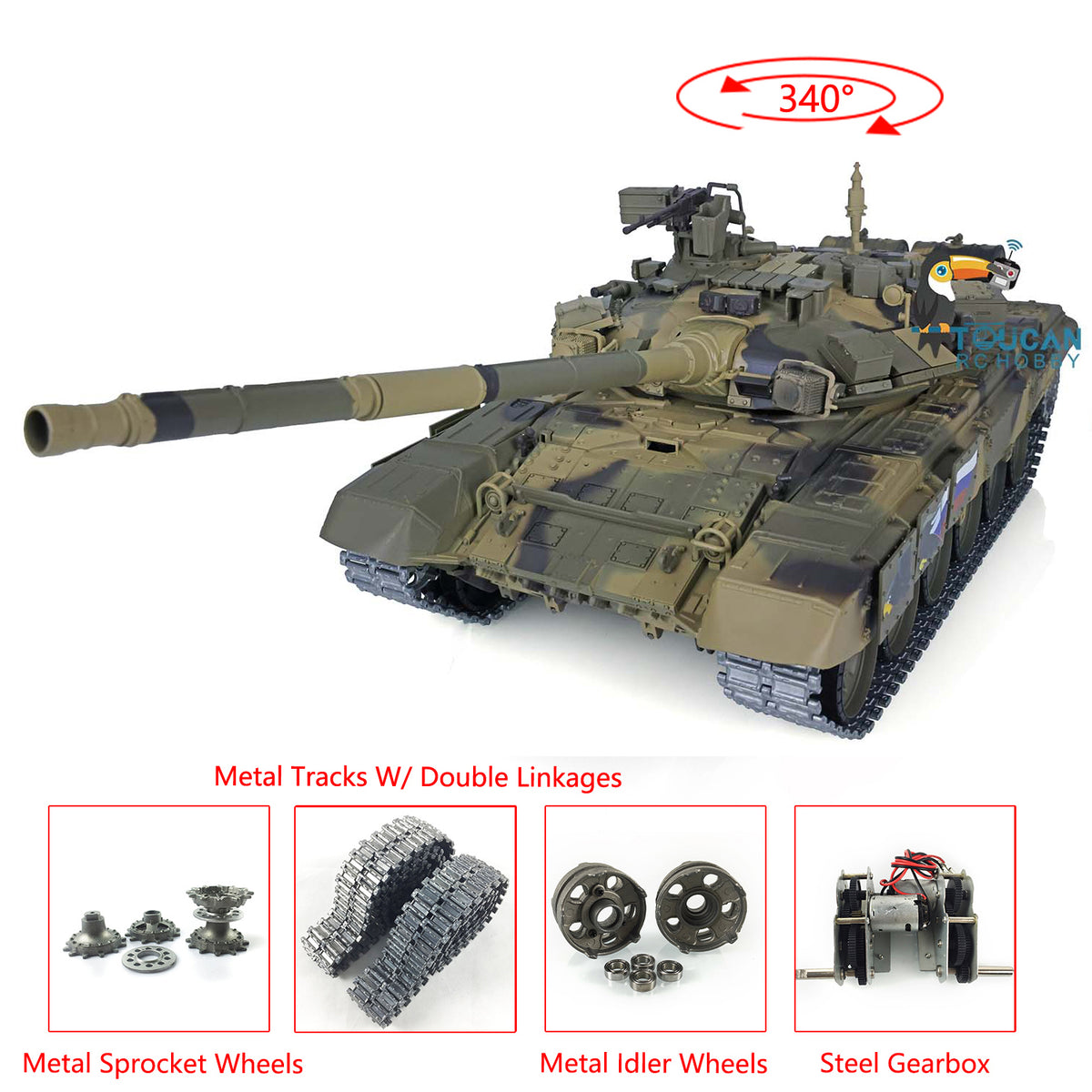 Verbesserter Henglong 1/16 TK7.0 Russischer T90, fahrbereit, funkgesteuerter Panzer, 3938 Metallketten, Kettenräder, Leiträder, Rauchgeräusche