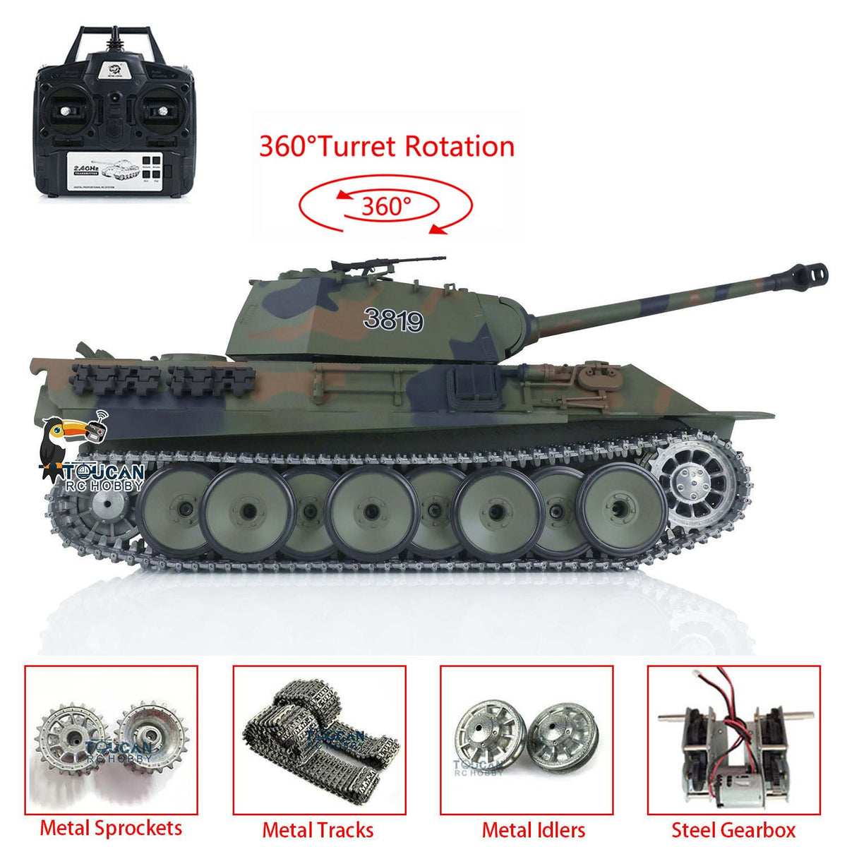 Henglong 1/16 TK7.0 Promotion 3819 German Panther V RTR RC Tank IR BB 360 Degrees Turret Smoke Metal Tracks Sprockets Idlers Wheels Gearbox