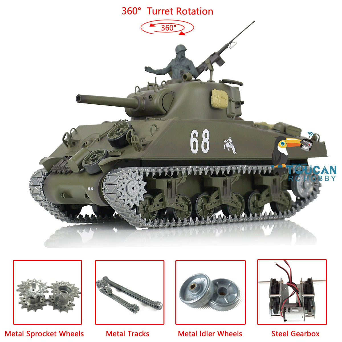 Henglong 1/16 TK7.0 Promotion USA M4A3 Sherman RTR RC Tank 3898 360 Degrees Turret Smoke BB IR Metal Barrel Tracks Sprockets Idlers Wheels Gearbox