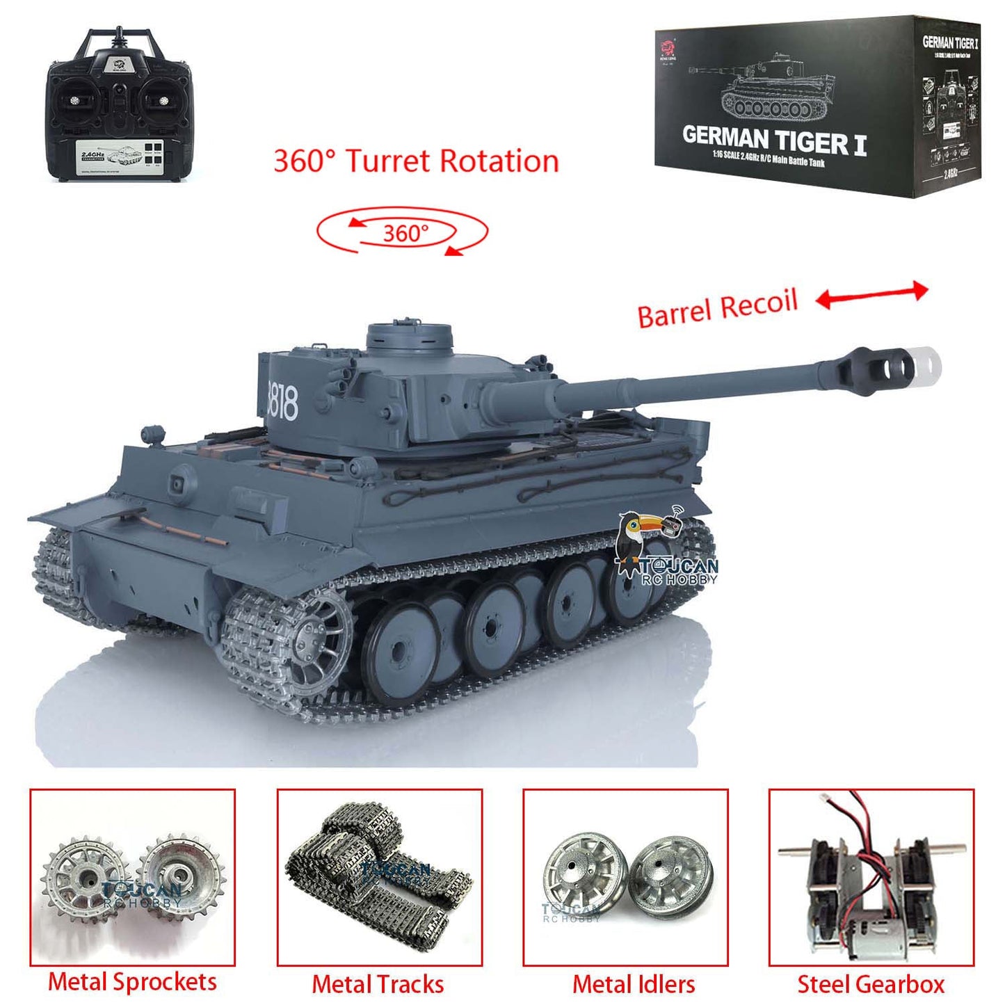 Henglong 1/16 Promotion TK7.0 German Tiger I RTR RC Tank 3818 Special Spray Painting with Barrel Recoil FPV IR BB Smoke Metal Tracks Sprockets Idlers Wheels Gearbox