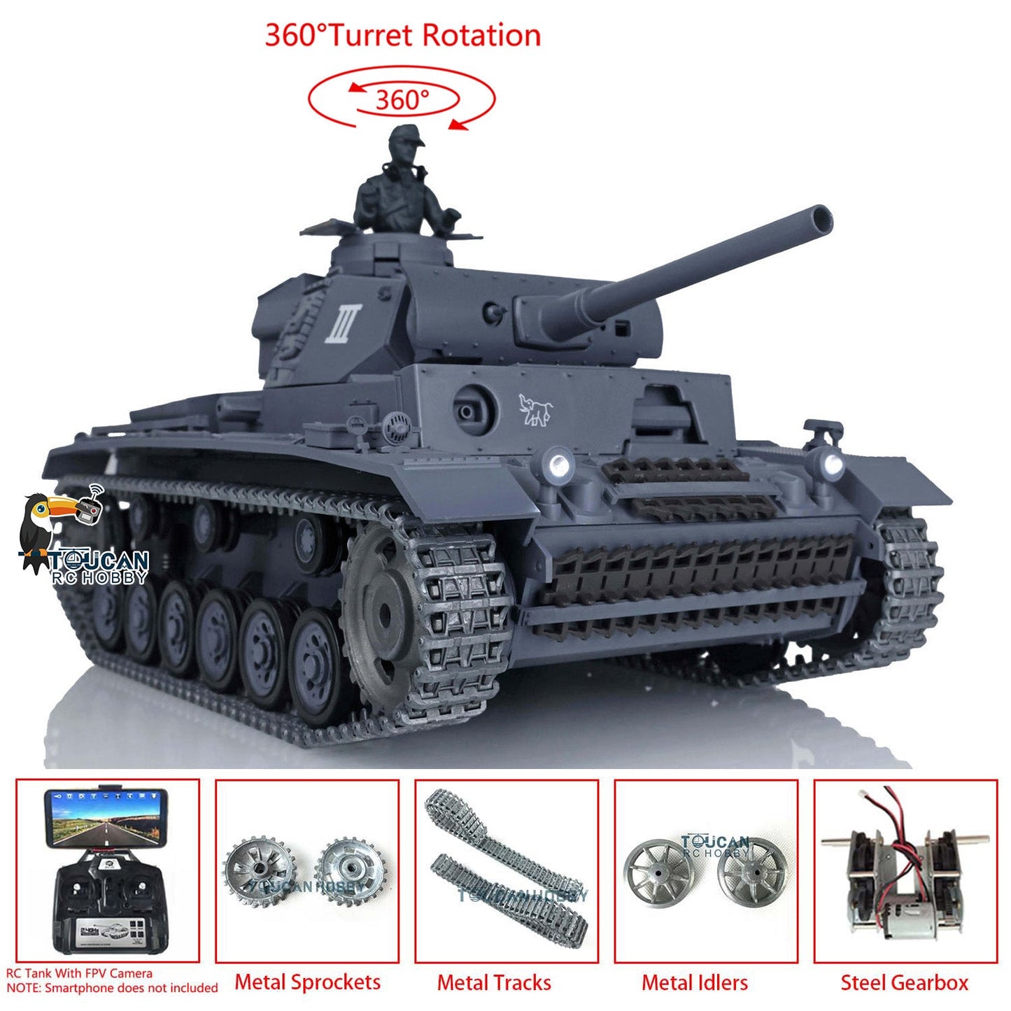 Henglong 1/16 TK7.0 Promotion German Panzer III L RTR RC Tank 3848 FPV 360 Degrees Turret IR BB Smoke Metal Barrel Idlers Sprockets Wheels Tracks Gearbox