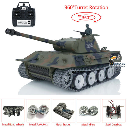 Henglong 1/16 TK7.0 Profession German Panther RTR RC Tank 3819 IR BB 360 Degrees Turret Smoke Metal Tracks Sprockets Idlers Road Wheels Gearbox