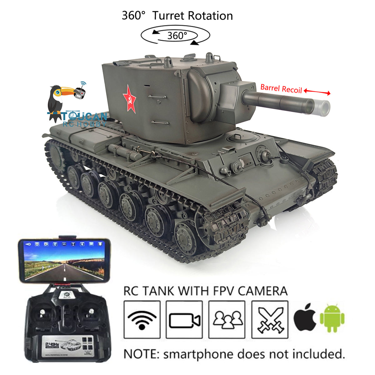 Henglong 1/16 TK7.0 Sowjetischer KV-2 Gigant, betriebsbereit, ferngesteuerter BB-IR-Panzer, 3949 Metalllaufräder, Laufrückstoß, FPV