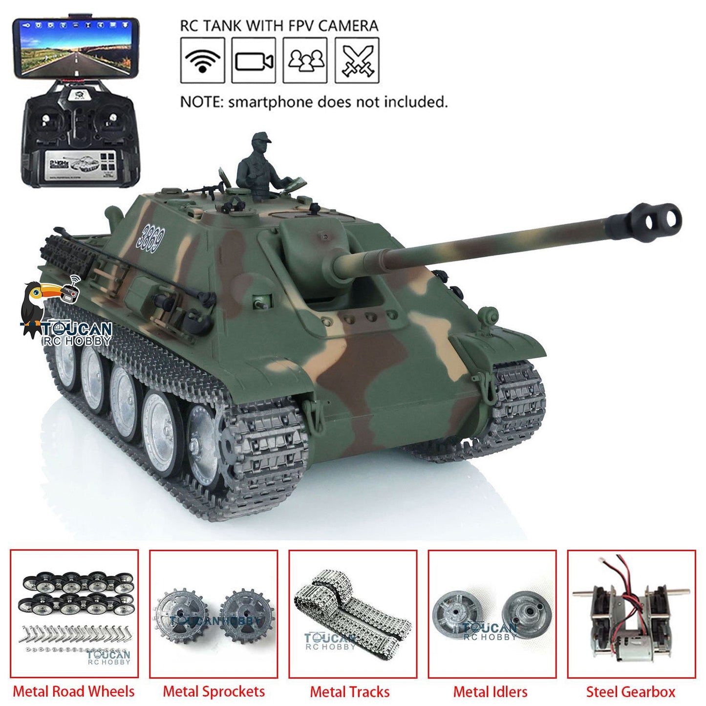 Henglong 1/16 TK7.0 Profession German Jadpanther RTR RC Tank 3869 FPV Smoke Infrared Combat BB Unit Metal Sprockets Idlers Road Wheels Tracks