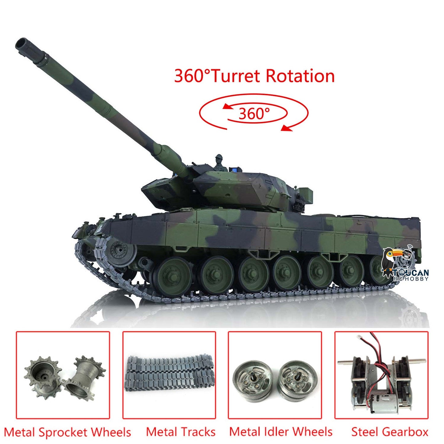 Henglong 1/16 TK7.0 Leopard2A6 RTR RC Tank 3889 with 360 Degrees Turret BB Infrared Combat Smoke Metal Tracks Sprockets Idlers Wheels