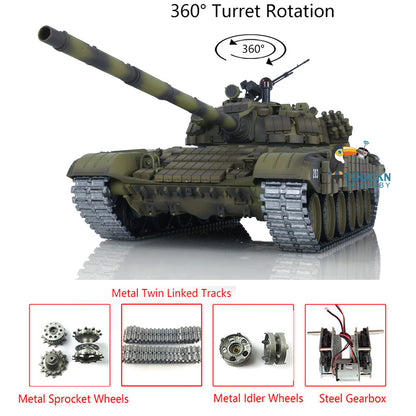 1:16 TK7.0 Verbesserter funkgesteuerter Henglong-Panzer T72, fahrbereit, 360°-Drehung, Metallketten mit gepaarten Gestängen, Rauchgeräusch