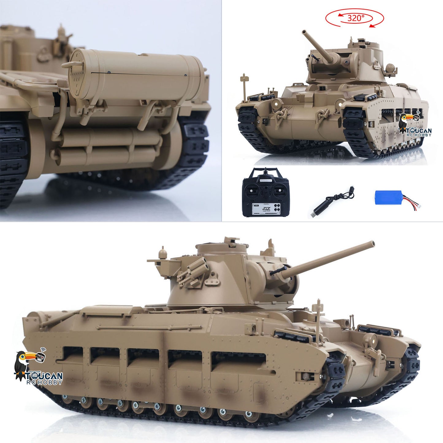 Tongde 1/16 Remote Control Military Tank Matilda III IV Turret Rotation 320 Degree IR Lights Sounds RC Electric Model Smoke Unit