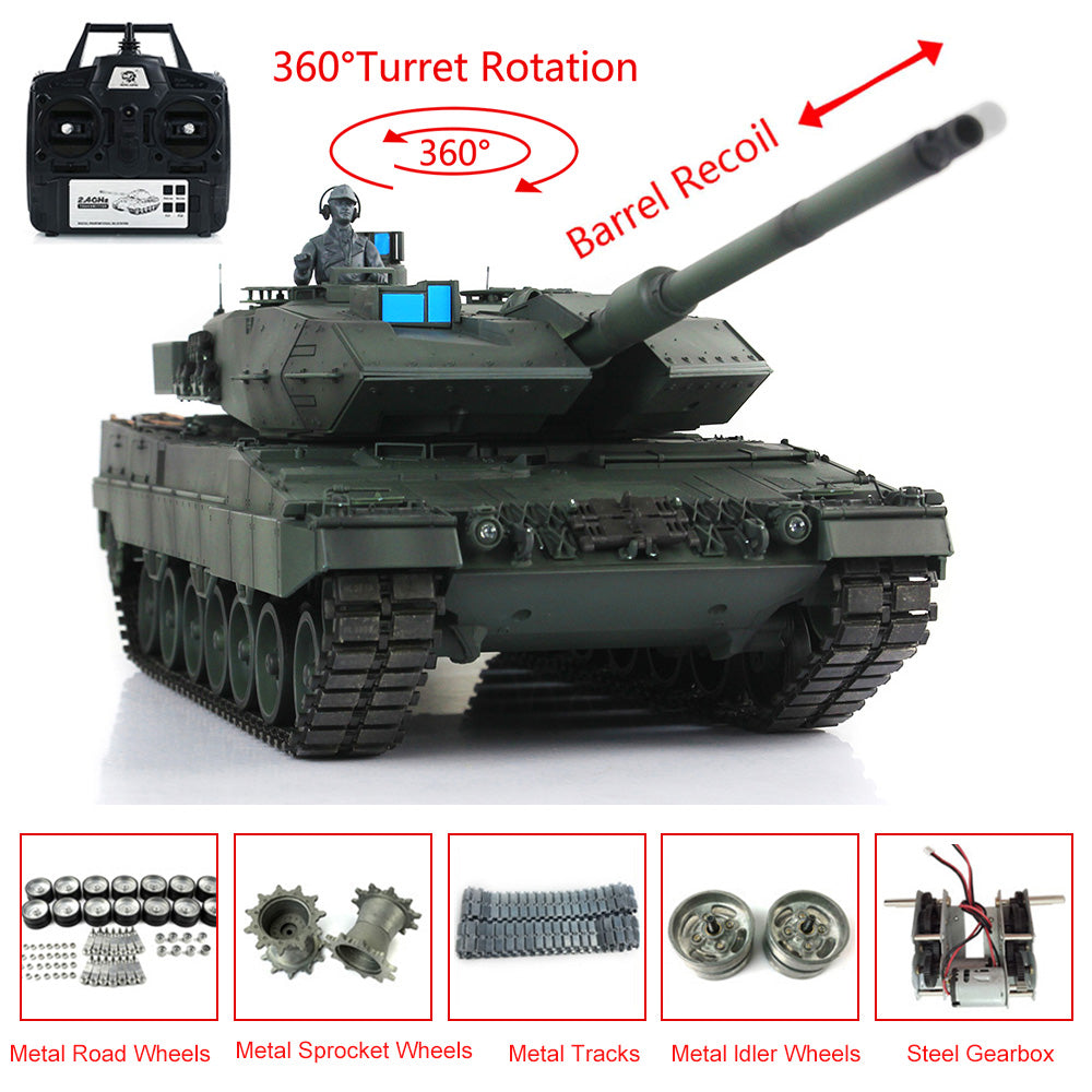 Henglong 1/16 TK7.0 German Leopard2A6 RTR RC Tank Model 3889 IR BB Smoke Barrel Recoil 360 Degrees Turret Metal Tracks Sprockets Idlers Road Wheels Gearbox