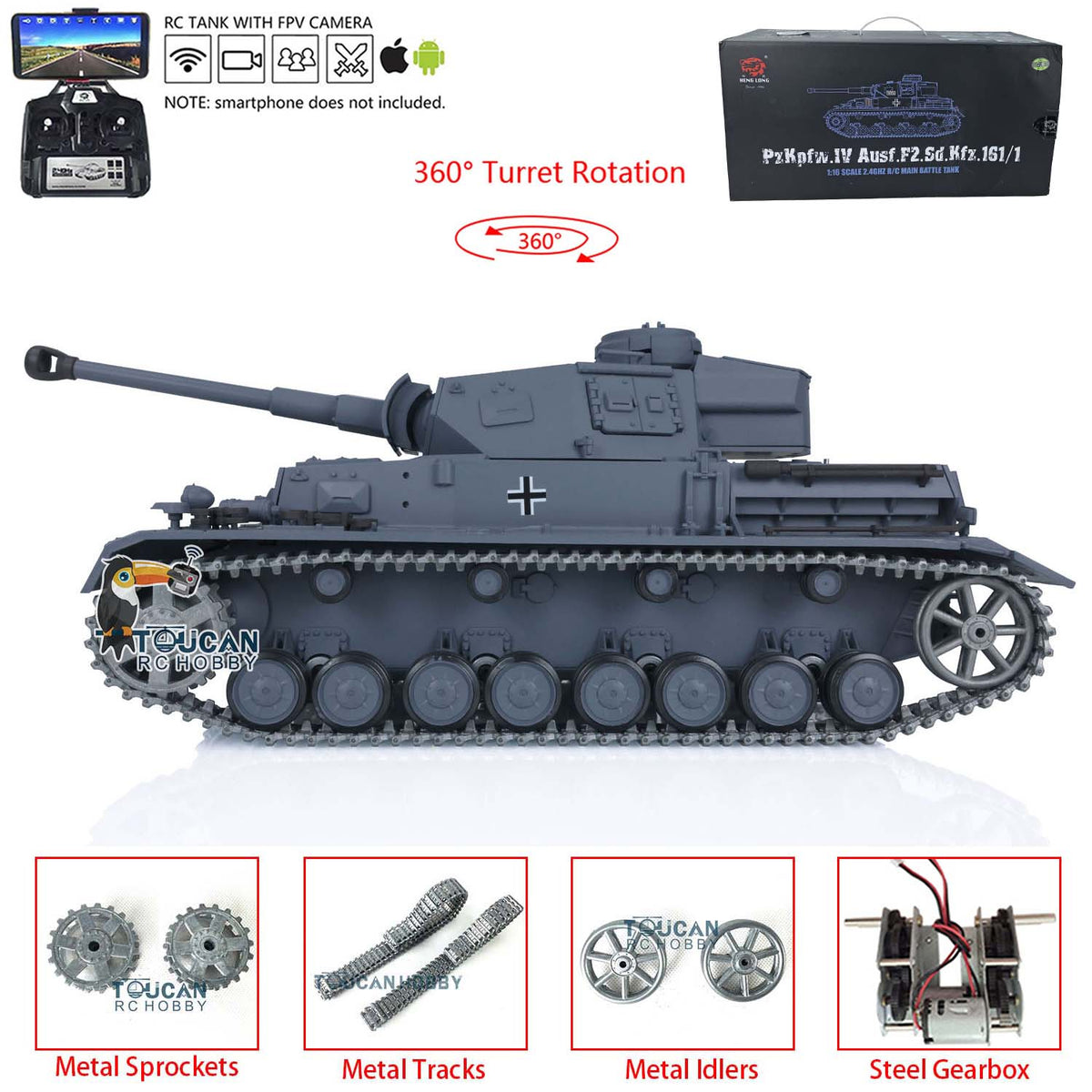 1/16 Maßstab TK7.0 Verbesserter Henglong Panzer IV F2 RTR RC FPV Modellpanzer 3859 360 Turmketten Kettenräder Leiträder Laufräder