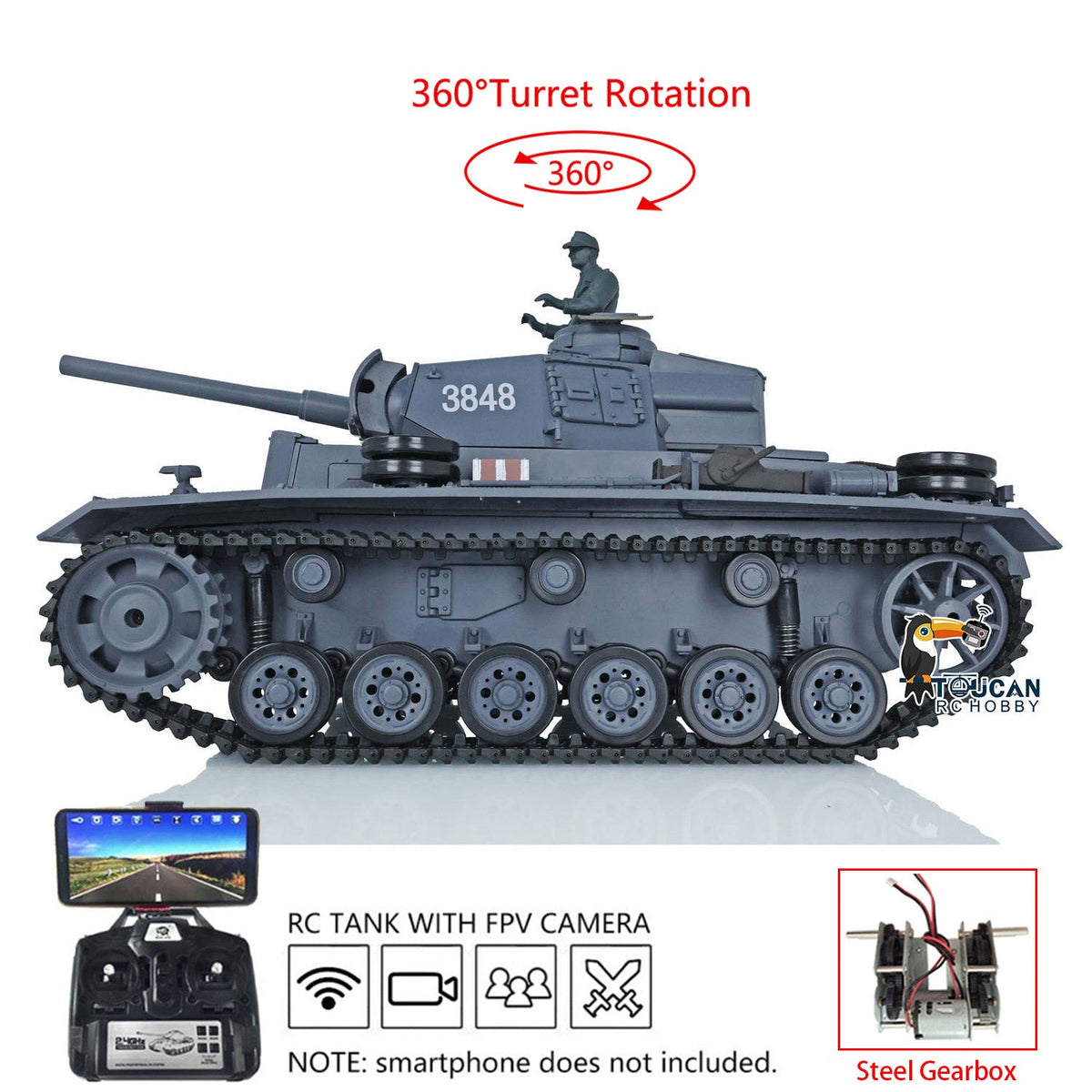 Henglong 1/16 Plastic 7.0 3848 3849 Panzer III H L RC Tank FPV 360 Degree Turret Infrared System BB Smoke Steel Driving Gearbox Metal Barrel