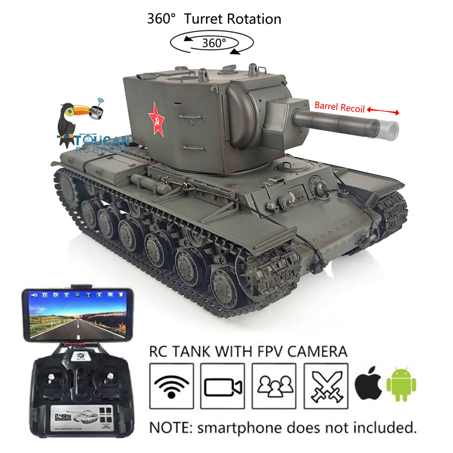 Verbesserter Henglong 1/16 TK7.0 Sowjetischer KV-2 Gigant, fahrbereit, ferngesteuerter Panzer, 3949, 360-Grad-Turm, FPV-Sound, Rauch, Metallketten