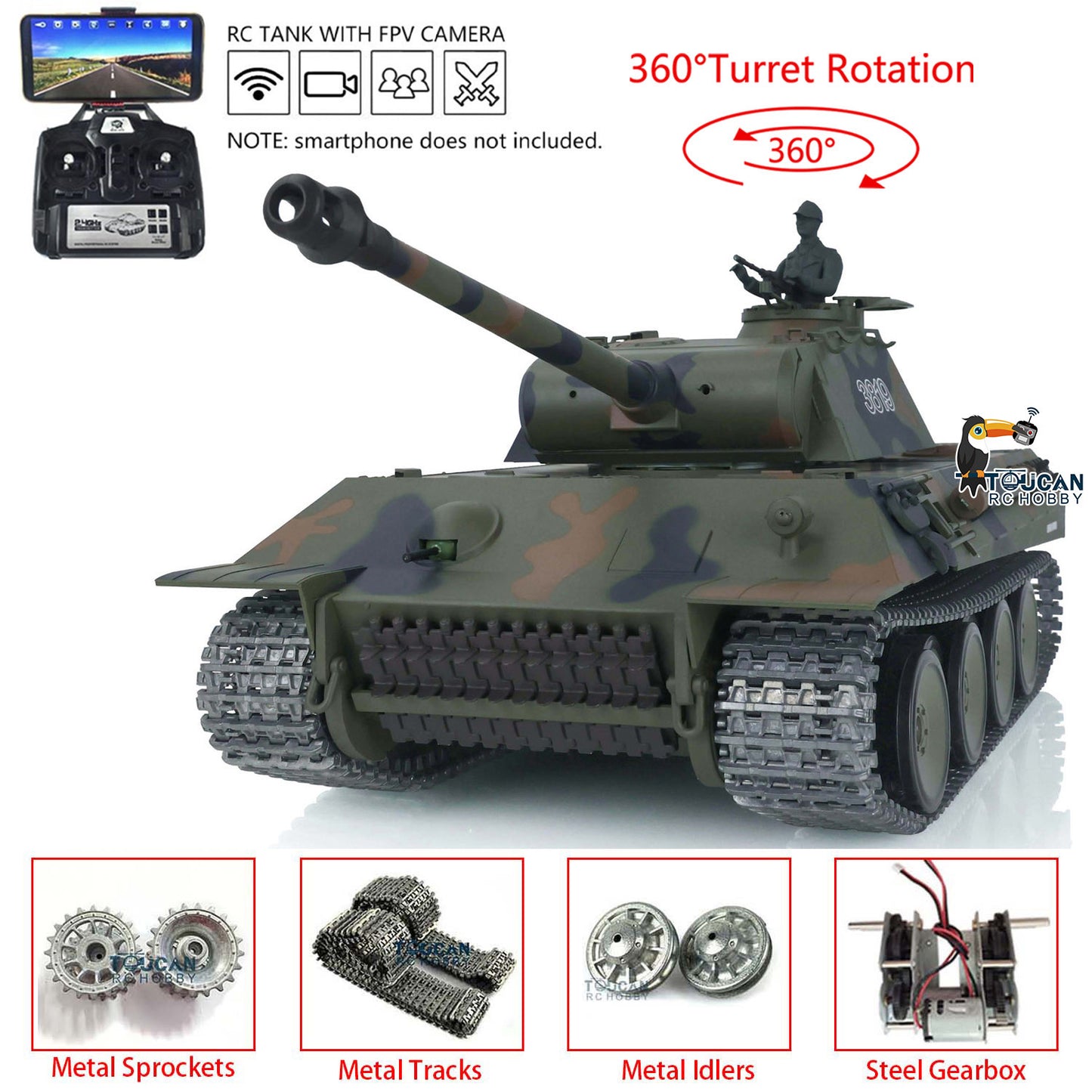 2,4 GHz Henglong 1/16 Maßstab TK7.0 FPV Verbesserte Metallversion Deutscher Panther V Ferngesteuerter Panzer Modell 3819 360 Turmsound