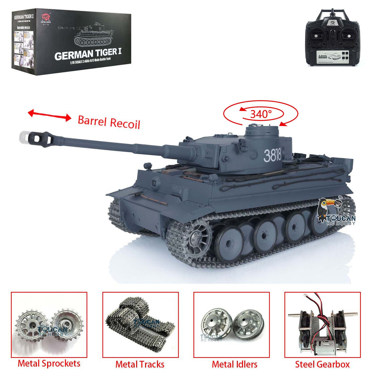 Henglong 1/16 TK7.0 Promotion German Tiger I 3818 RTR RC Tank Barrel Recoil BB IR Smoke Metal Tracks Sprockets Idlers Wheels