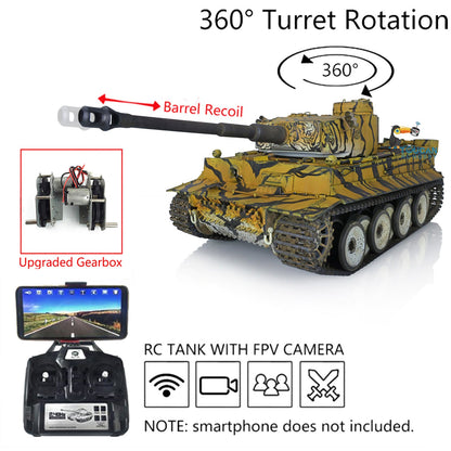 Henglong 1/16 TK7.0 Plastic German Tiger I RTR RC Tank 3818 FPV BB IR 360 Degrees Turret Metal Barrel Recoil Steel Gearbox Smoke Manual Spray Collection Model