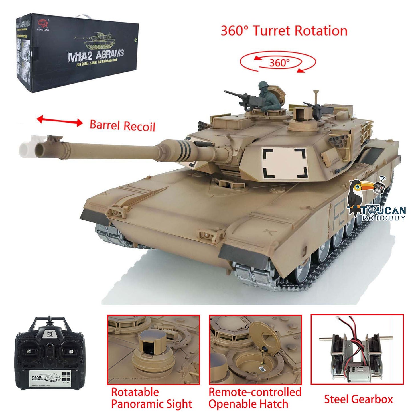 Henglong 1/16 TK7.1 Abrams M1A2 RTR RC Tank 3918 Openable Hatch Rotatable Panoramic Sight Barrel Recoil 360 Degrees Turret BB IR Smoke Metal Wheels Tracks Gearbox