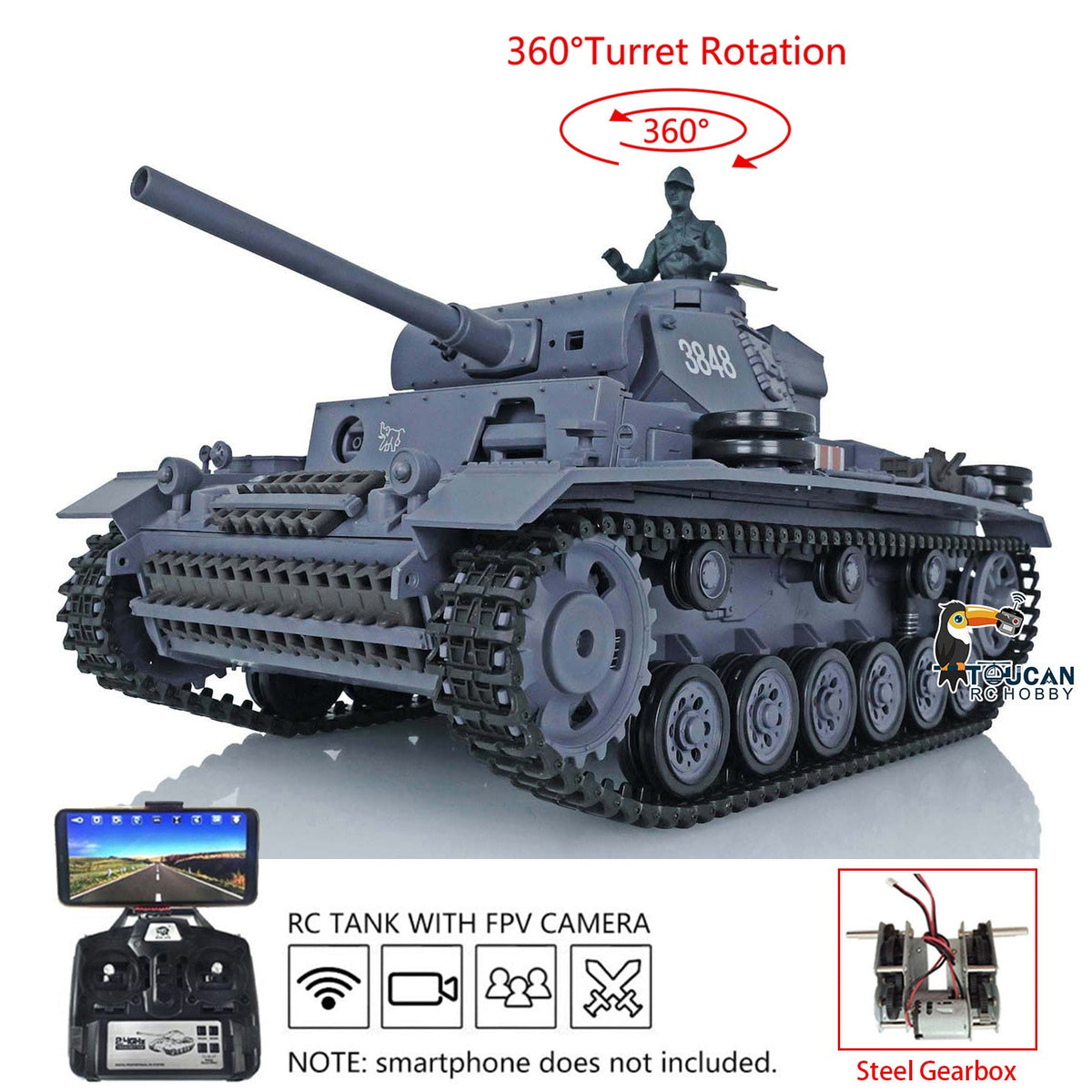 Henglong 1/16 Plastic 7.0 3848 3849 Panzer III H L RC Tank FPV 360 Degree Turret Infrared System BB Smoke Steel Driving Gearbox Metal Barrel