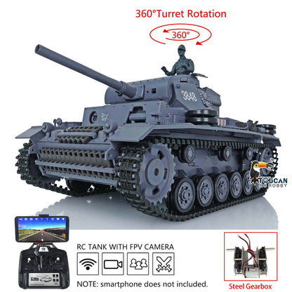 Henglong 1/16 Plastic 7.0 3848 3849 Panzer III H L RC Tank FPV 360 Degree Turret Infrared System BB Smoke Steel Driving Gearbox Metal Barrel