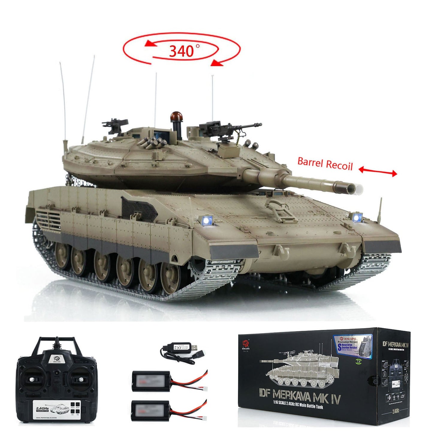 Henglong 1/16 TK7.0 Merkava MK IV 3958 RTR RC Tank with Dual Battery Barrel Recoil Smoke BB Metal Idlers Sprockets Wheels Gearbox Tracks
