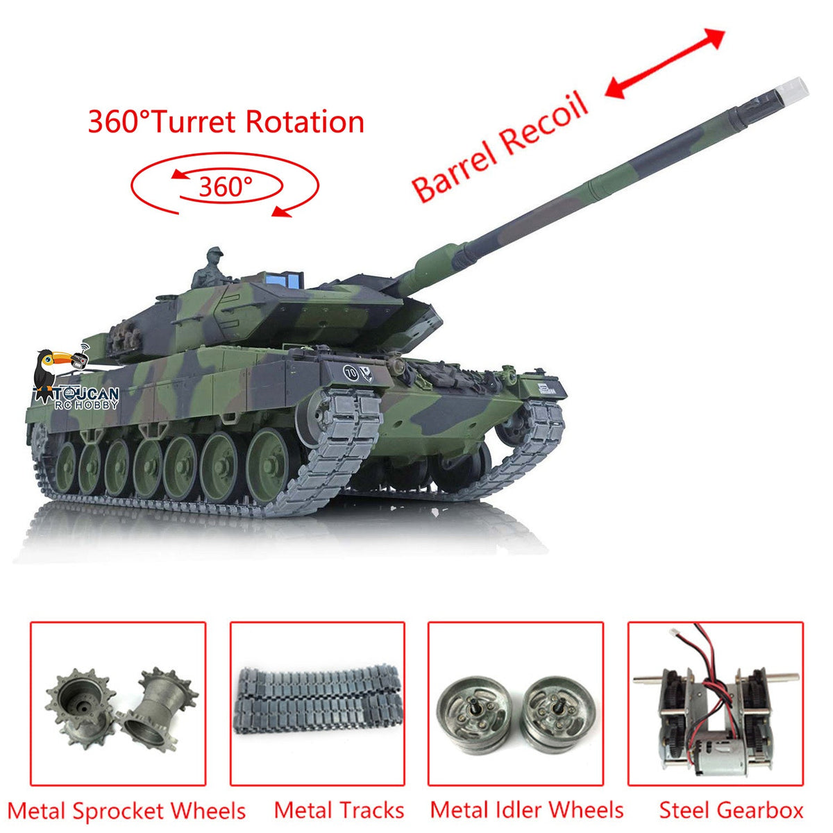 Henglong 1/16 TK7.0 Promotion German Leopard2A6 RTR RC Tank 3889 with 360 Degrees Turret Barrel Recoil Smoke BB IR Metal Tracks Sprockets Idlers Wheels Gearbox
