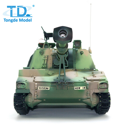 Tongde M109A2 RC-Militärpanzer im Maßstab 1/16, selbstfahrende Haubitze, Metallräder, LED-Leuchten, Rauchgenerator, simulierte Soundeffekte