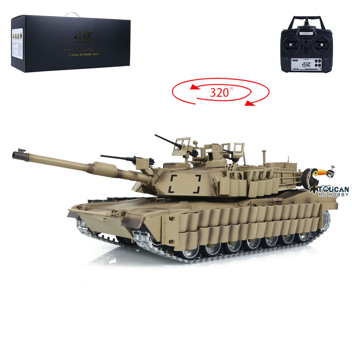 TOUCAN RC HOBBY TD 1/16 RC Military Tank Abrams M1A2 SEP TUSK II Ugrade Wheel Tracks IR BB Model Radio Control 320 Degree Rotation Turret Tanks Barrel Recoil Toys